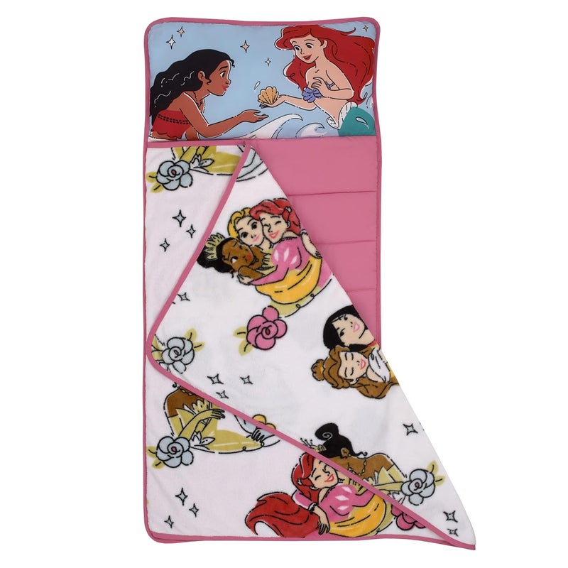 NoJo Disney Princesses Courage and Kindness Pink, Blue, and White Ariel, Tiana, Moana, Cinderella, Mulan, and Belle Toddler Nap Mat - Image 2